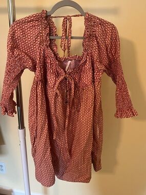 Rust-Patterned Peasant Mini Dress with Tie Front Free People brand